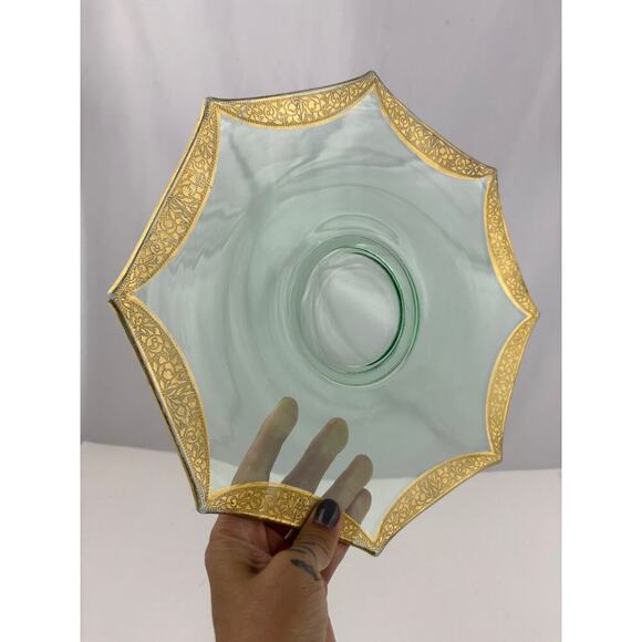 VTG Green Depression Octagon Glass Plate Glassware Floral Gold Trim - Picture 6 of 12